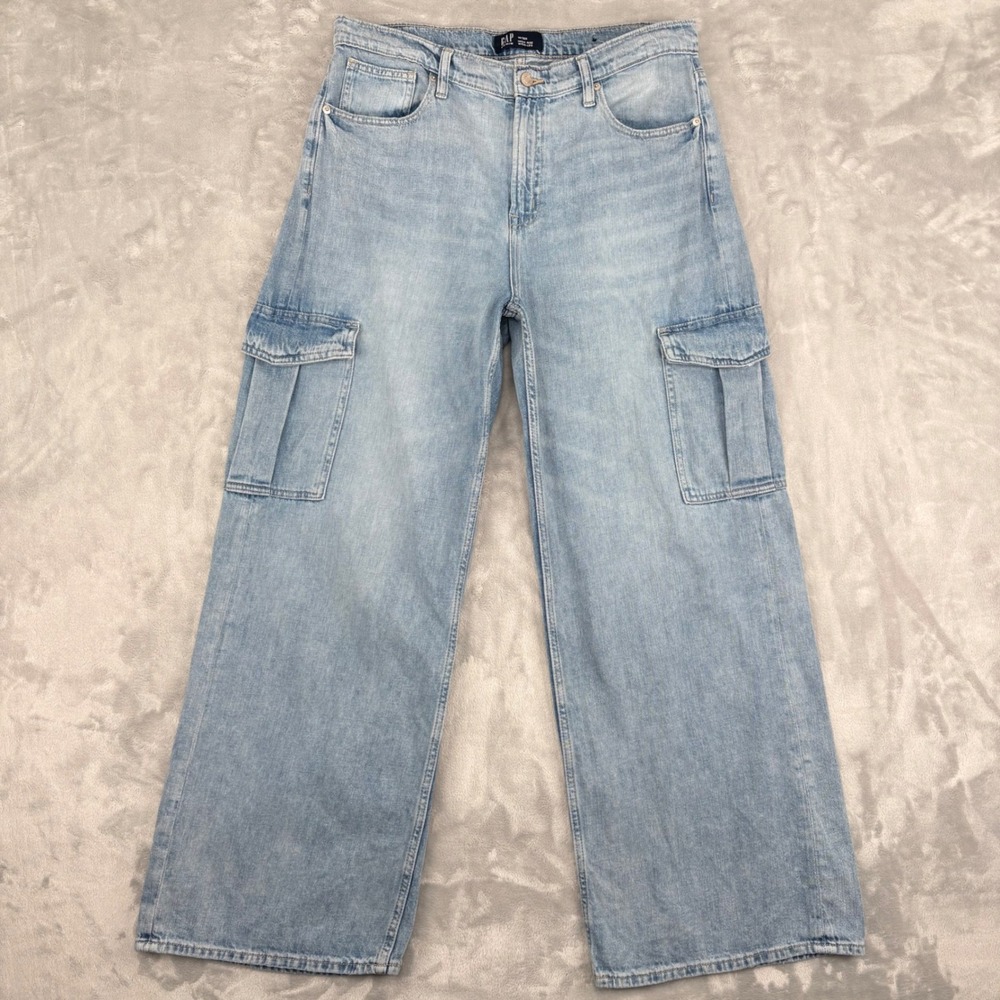 Gap Cargo Jeans Womens 14/32R (Fits 34x30) High Rise Light Wash Wide Leg Baggy
